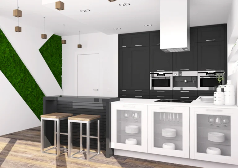 Кухня «Манчестер чёрно-белый» на заказ — неоклассика, барная стойка, П-образная планировка